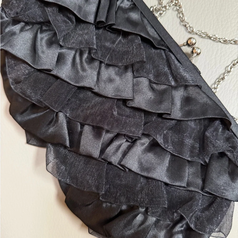 White House Black Market Black Satin/Organza Evening Clutch with Silver Hardware - Picture 2 of 8